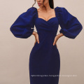 Spring Autumn Sex Appeal V Gets Long Sleeve to Accept Waist Dress Temperament Gown in Long Bubble Sleeve Skirt